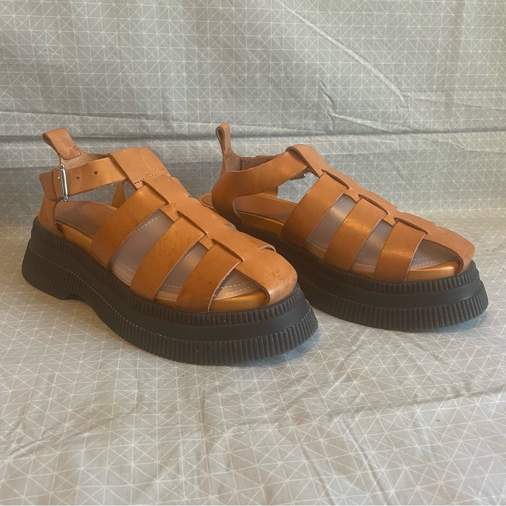 Ganni Creepers Grid Platform Fisherman Sandals in Tannin Leather 41